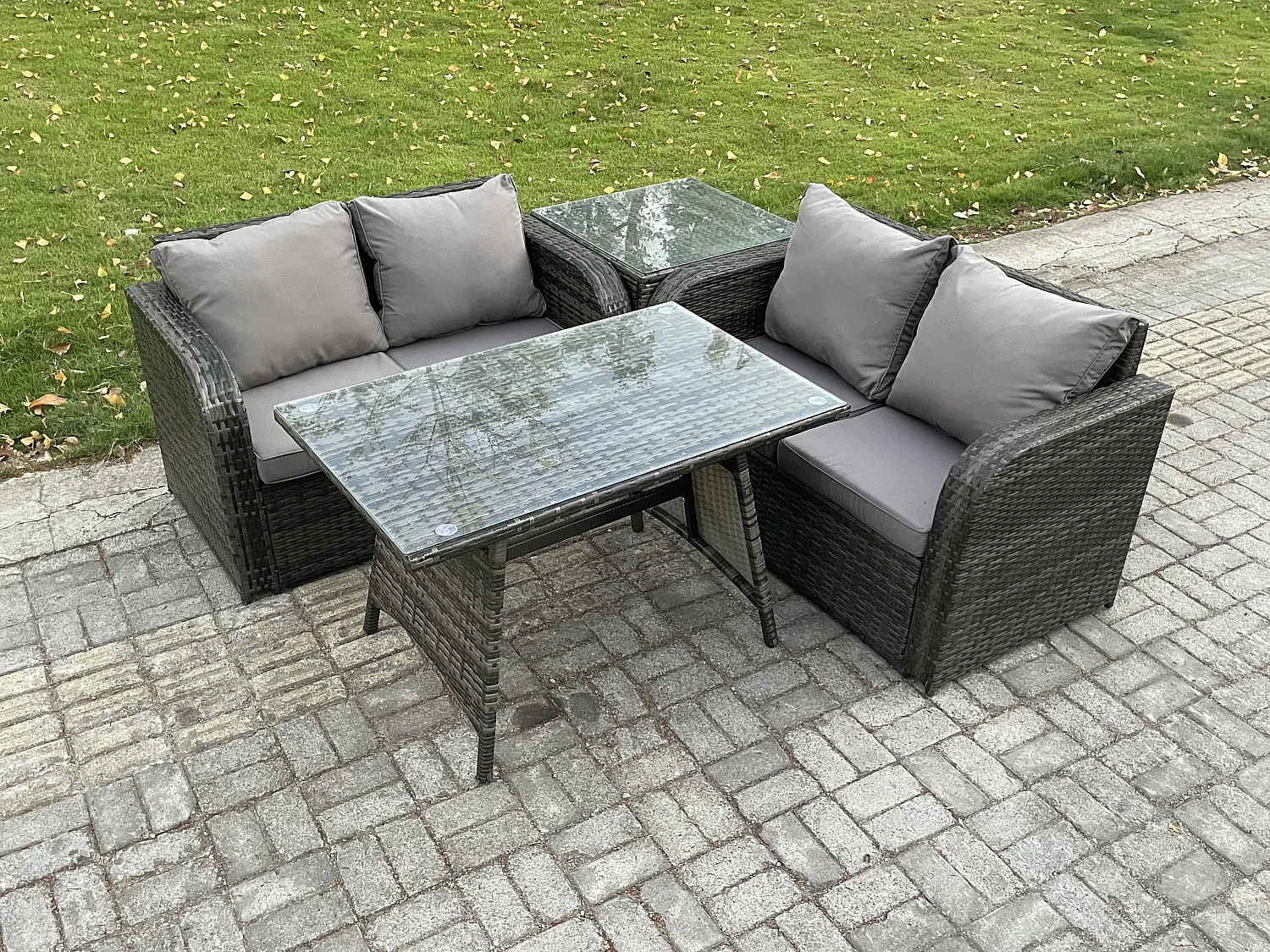 Fimous Outdoor Garden Furniture Sets 4 Pieces Wicker Rattan Furniture Sofa Sets with Rectangular Dining Table Love Sofa Side Table