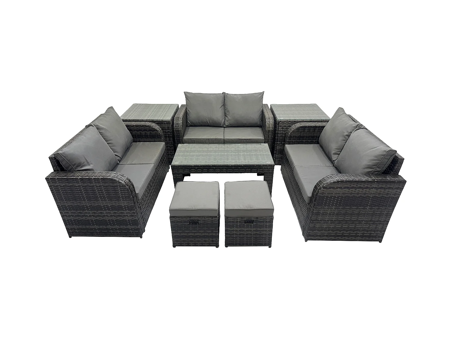 Gartenmöbel-Sets 8 Stücke Polyrattan Möbel Sofa Set mit Rechteckiger Couchtisch Loveseat Sofa 2 kleine Fußhockern 2 Beistelltischen