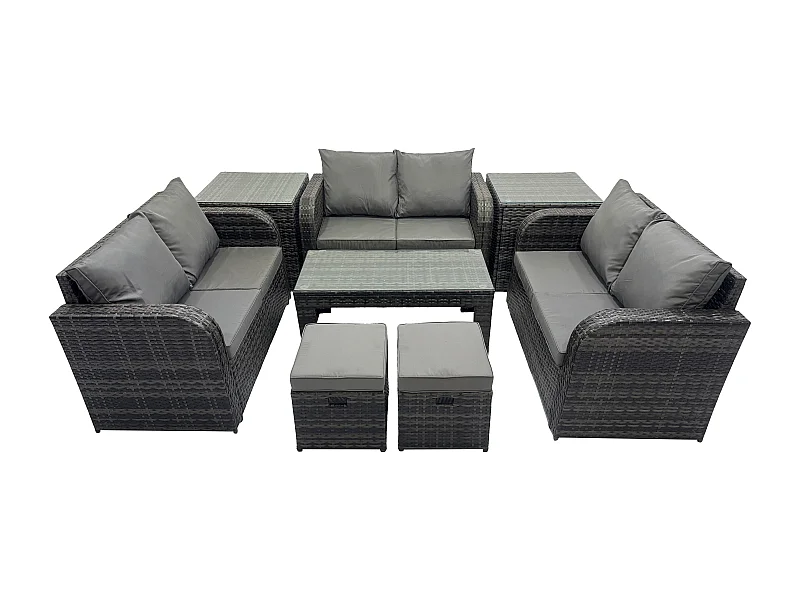 Gartenmöbel-Sets 8 Stücke Polyrattan Möbel Sofa Set mit Rechteckiger Couchtisch Loveseat Sofa 2 kleine Fußhockern 2 Beistelltischen