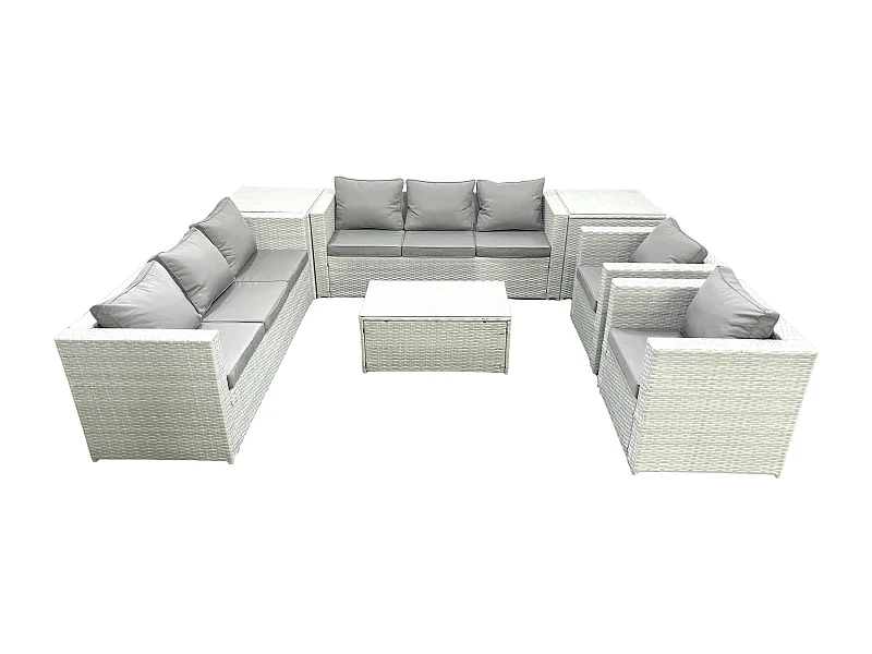 Rattan Sofa Gartenmöbel Set mit 2 Sesseln Rechteckiger Couchtisch 2 Beistelltischen Hellgrau gemischt