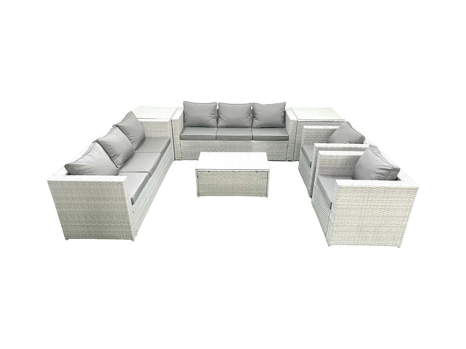 Salon de Jardin en rotin avec 2 Fauteuil Table basse oblongue 2 Tables d'appoint Gris clair mixte
