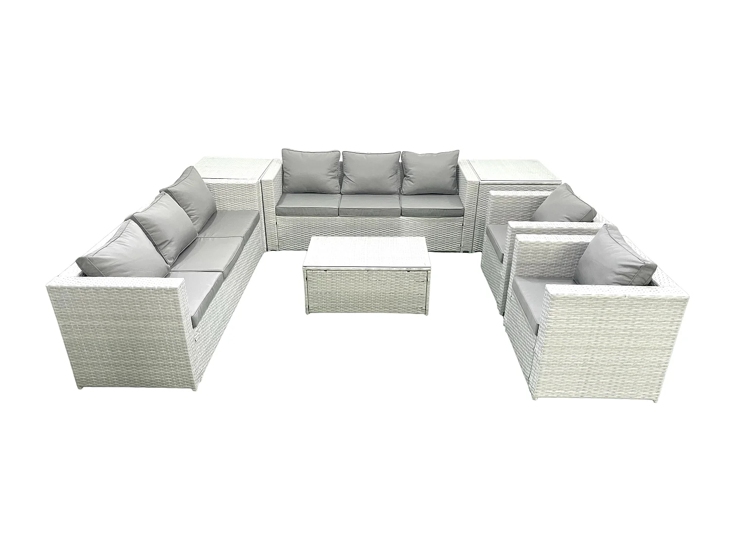 Rattan Sofa Gartenmöbel Set mit 2 Sesseln Rechteckiger Couchtisch 2 Beistelltischen Hellgrau gemischt