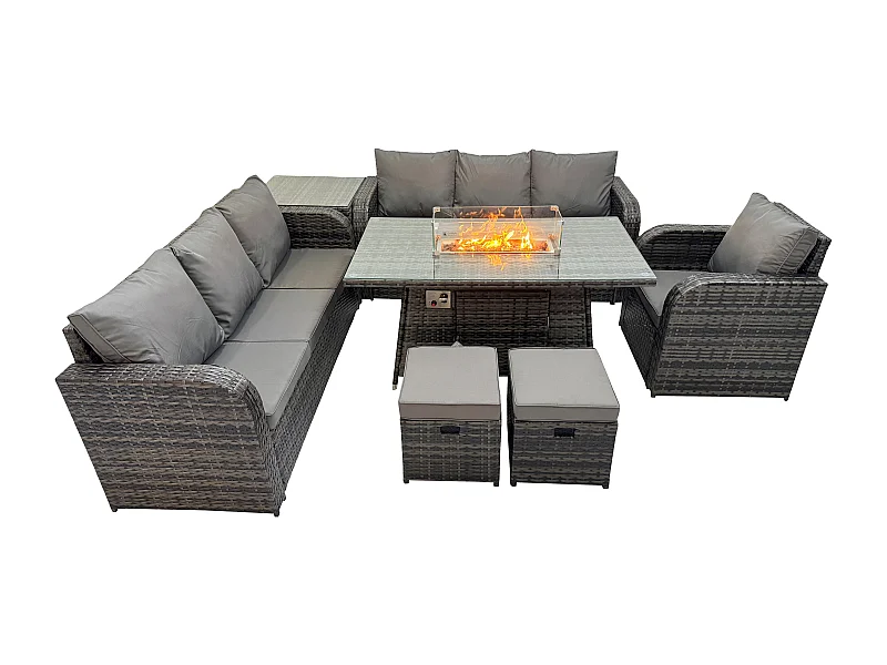 Ensemble Repas de Jardin Exterieur Table de foyer à gaz Chaise inclinable Canapé 3 places et avec Table d'appoint 2 Petits tabourets 9 places