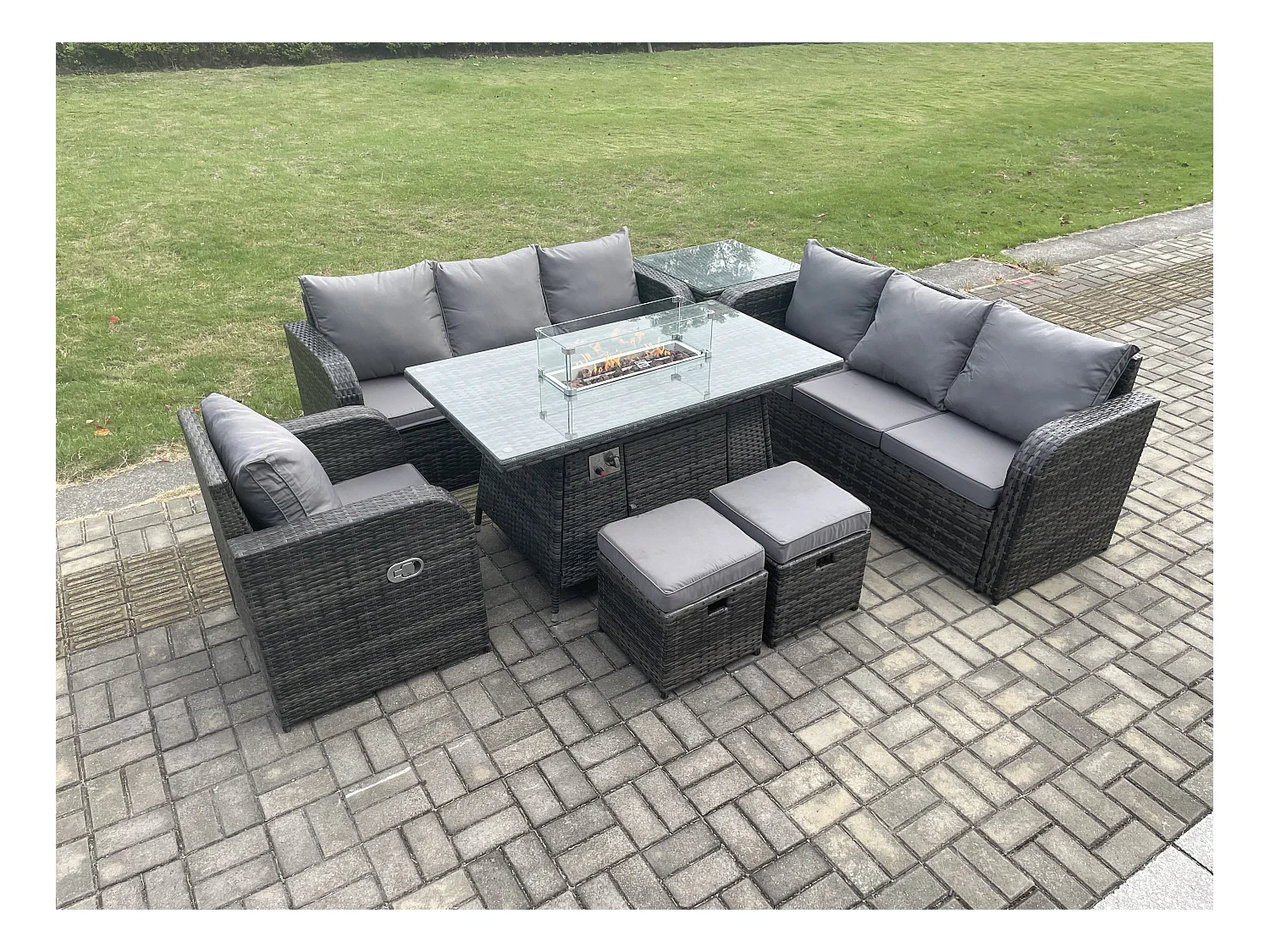 Ensemble Repas de Jardin Exterieur Table de foyer à gaz Chaise inclinable Canapé 3 places et avec Table d'appoint 2 Petits tabourets 9 places