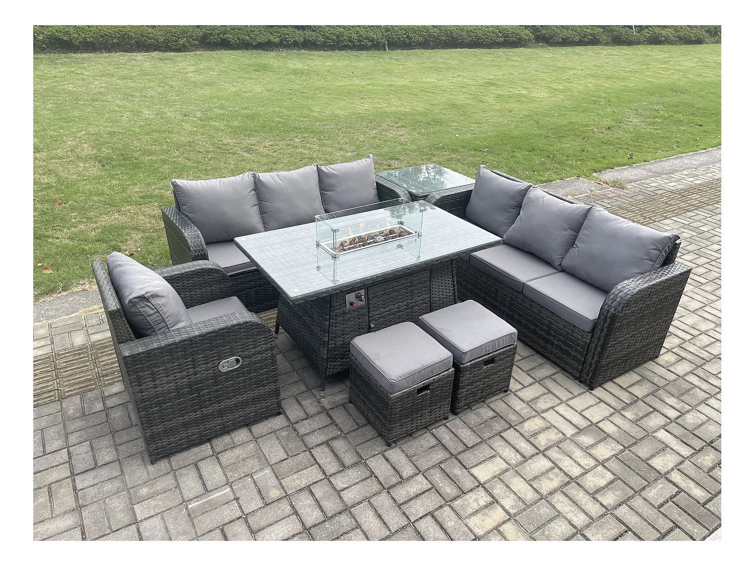 Ensemble Repas de Jardin Exterieur Table de foyer à gaz Chaise inclinable Canapé 3 places et avec Table d'appoint 2 Petits tabourets 9 places