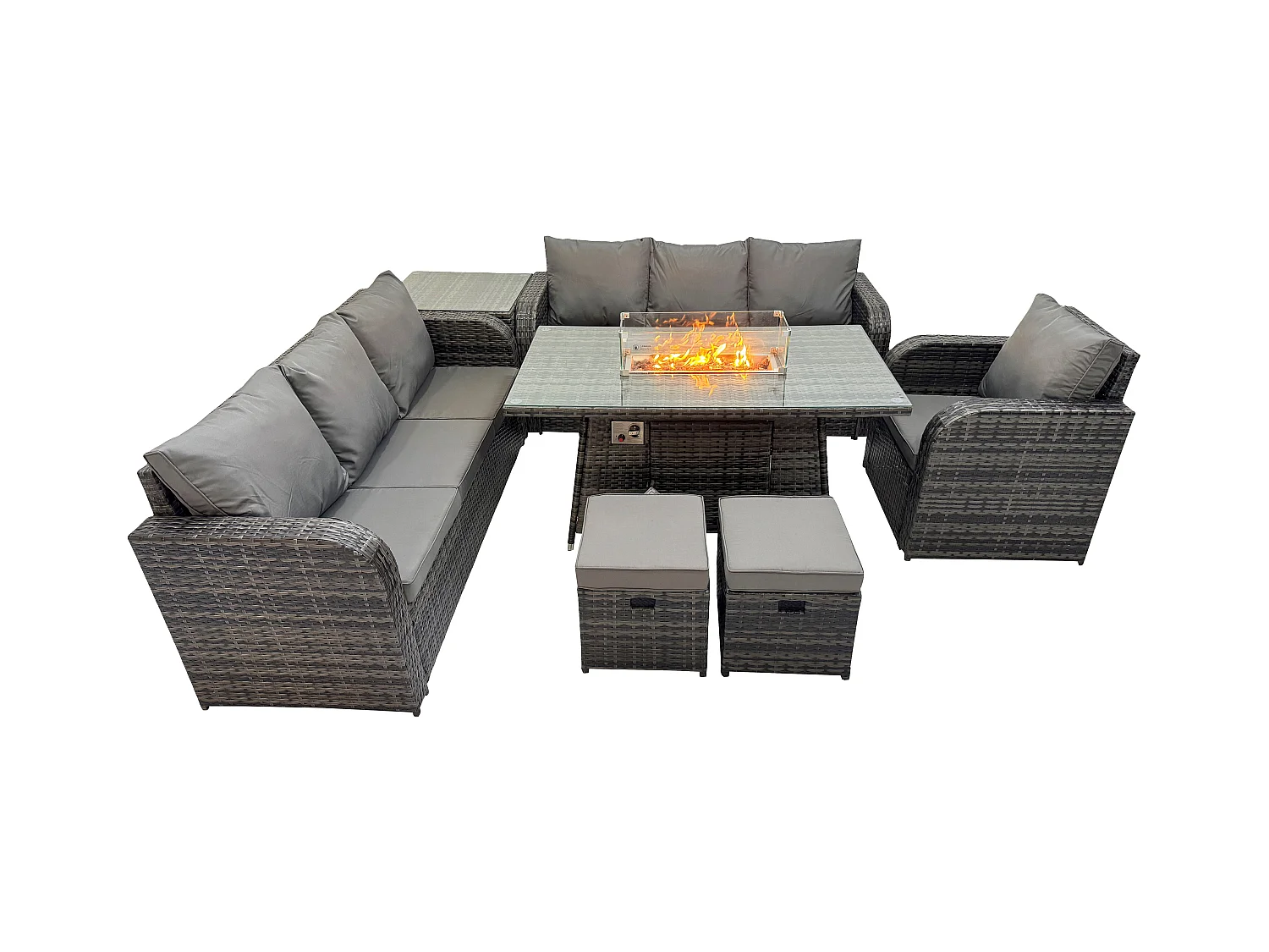 Rattan Gartenmöbel Set im Balkon Gas Feuerstelle Tisch Liegestühle 3-Sitzer Sofa Sets mit Beistelltisch 2 kleine Fußhockern 9-Sitzer