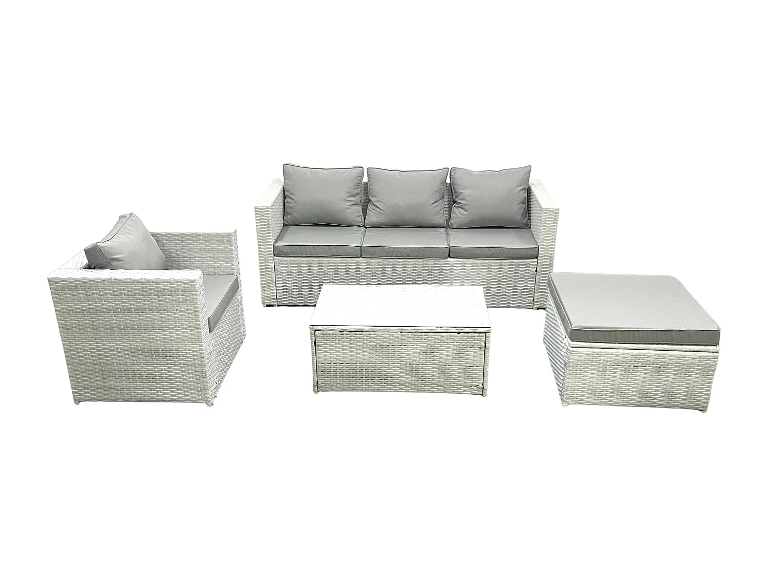 Salon de jardin avec Canapé 3 places Chaise Table basse rectangulaire Grand tabouret Gris clair mixte 5 places