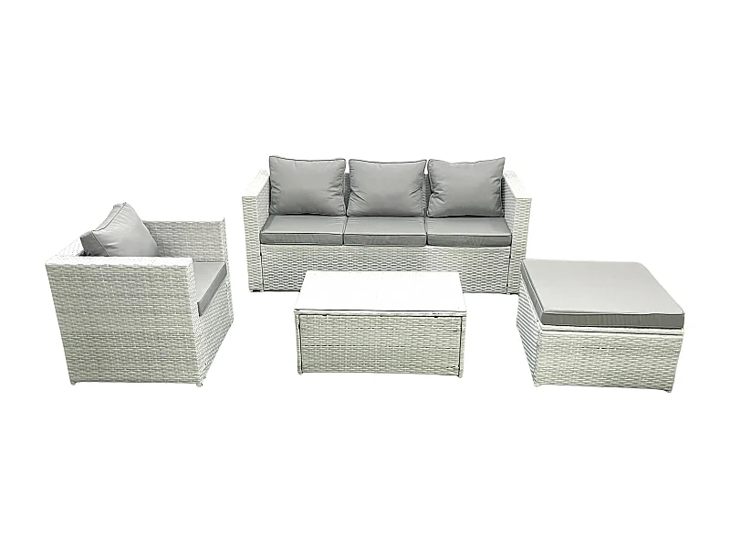 Salon de jardin avec Canapé 3 places Chaise Table basse rectangulaire Grand tabouret Gris clair mixte 5 places
