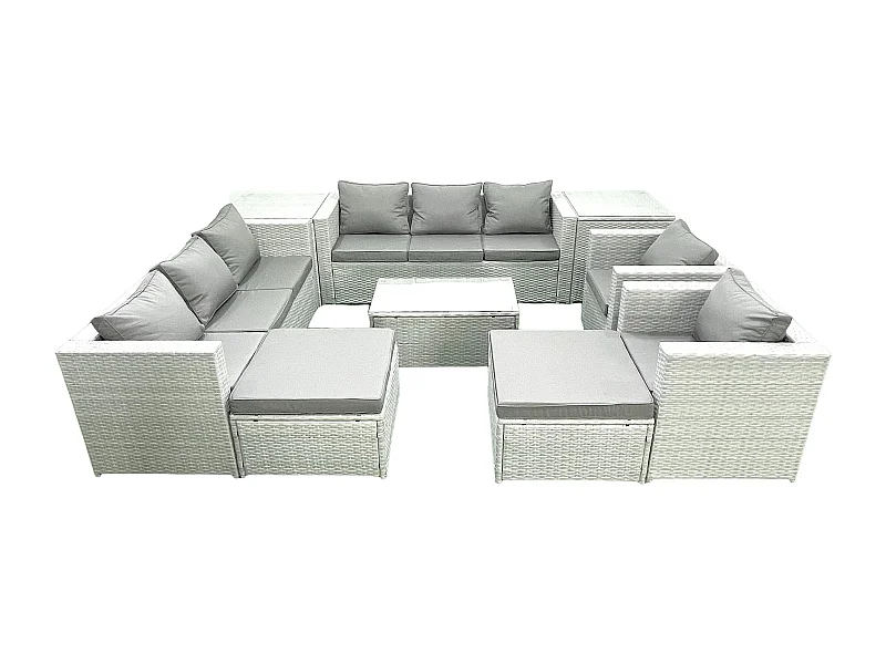 Rattan Sofa Gartenmöbel Set mit 2 Sesseln Rechteckiger Couchtisch 2 hohen Hockern 2 Beistelltischen Hellgrau gemischt