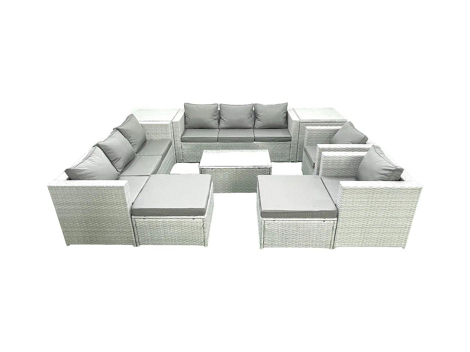 Rattan Sofa Gartenmöbel Set mit 2 Sesseln Rechteckiger Couchtisch 2 hohen Hockern 2 Beistelltischen Hellgrau gemischt