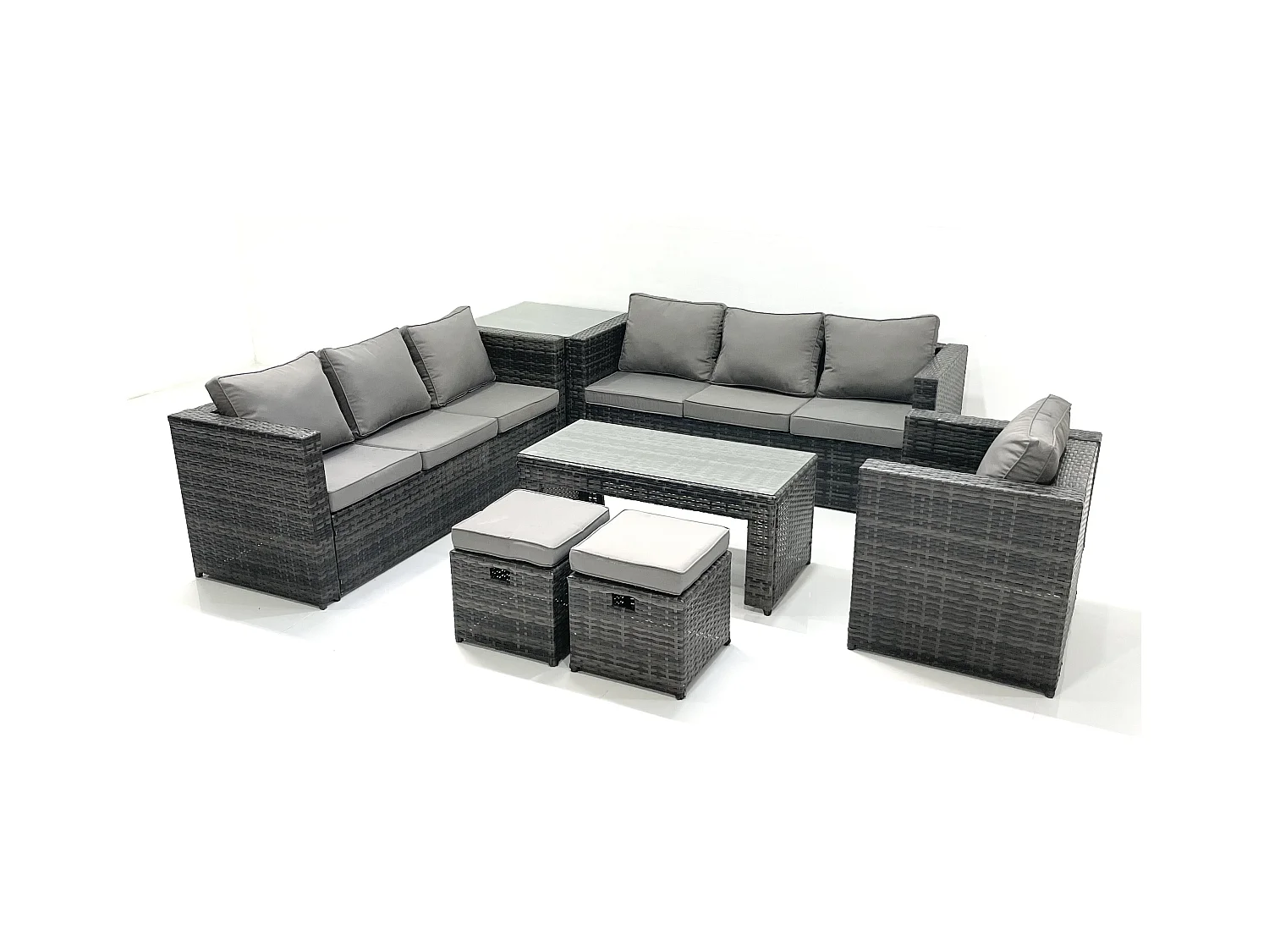 Polyrattan Gartenmöbel Set Outdoor 9-Sitzer Garten Sofa Sets mit Glasplatte Couchtisch Hocker Beistelltisch