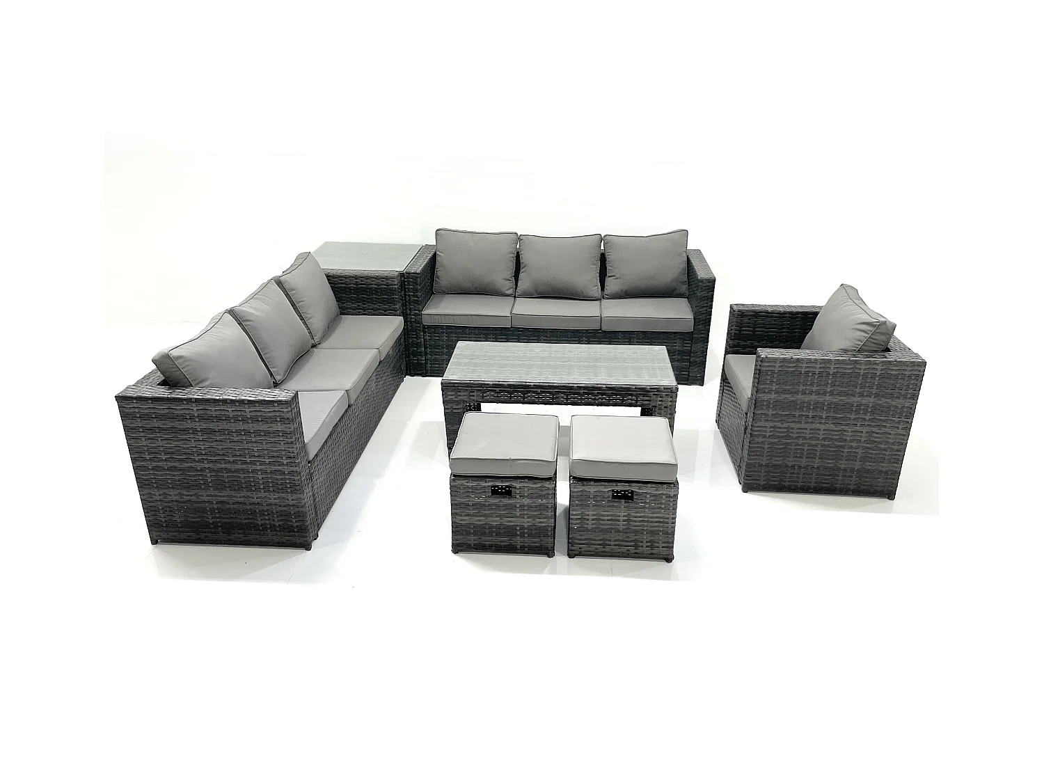 Polyrattan Gartenmöbel Set Outdoor 9-Sitzer Garten Sofa Sets mit Glasplatte Couchtisch Hocker Beistelltisch