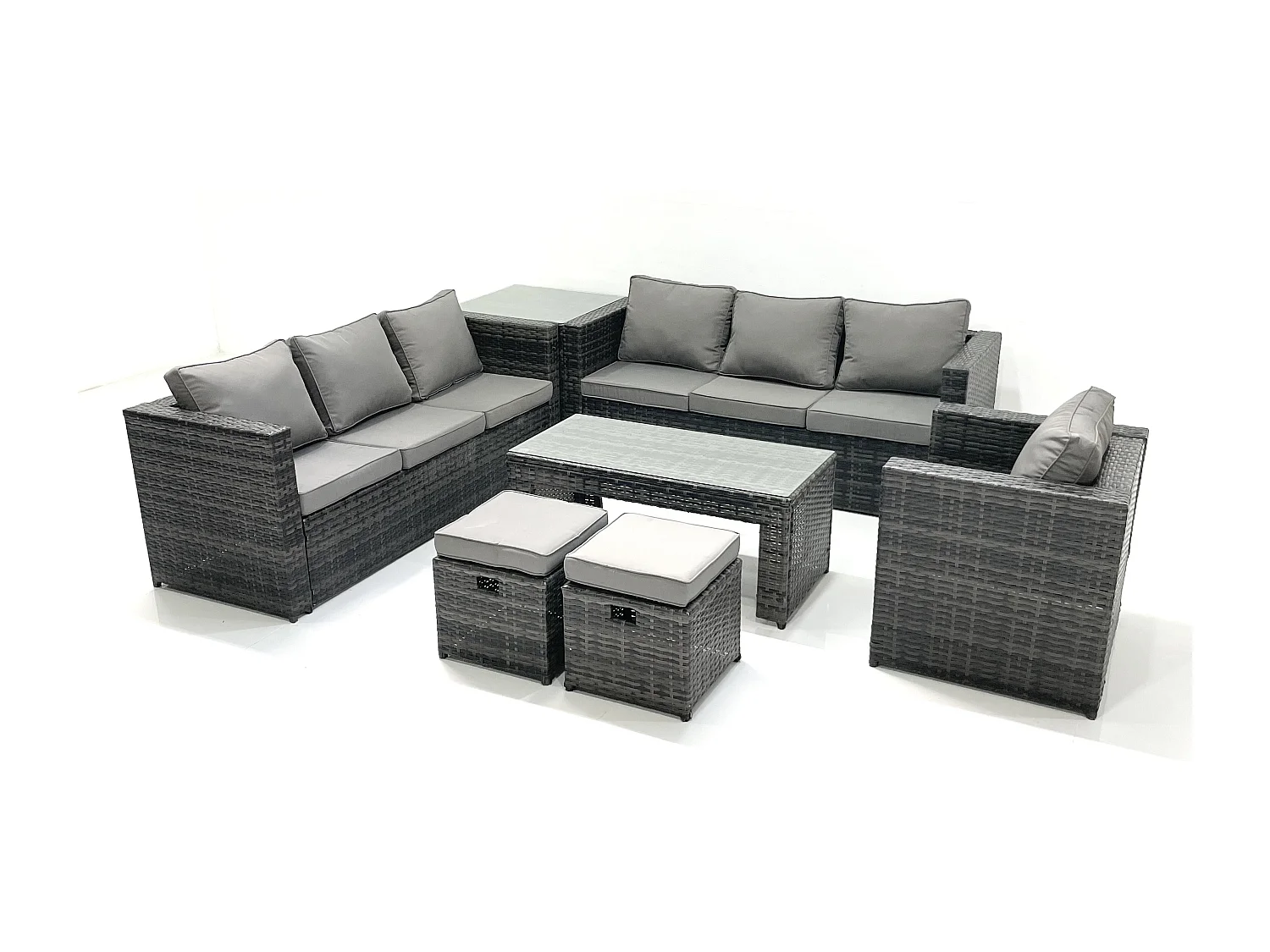 Fimous Rattan Garden Furniture Set Outdoor 9 Seater Patio Conversation Sets with Glass Top Coffee Table Stool Side Table