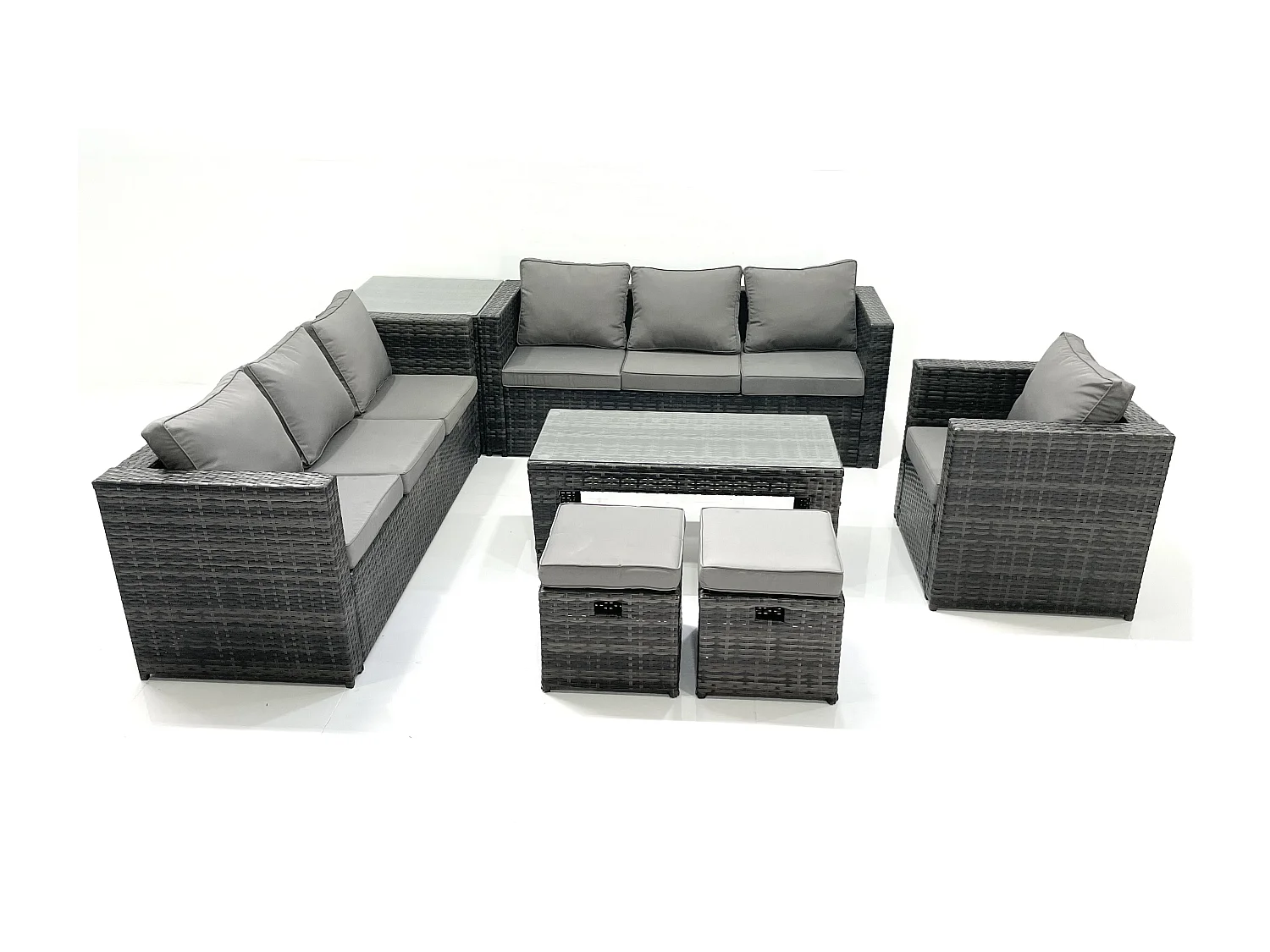 Fimous Rattan Garden Furniture Set Outdoor 9 Seater Patio Conversation Sets with Glass Top Coffee Table Stool Side Table