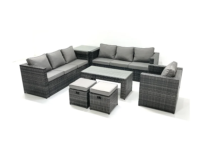 Polyrattan Gartenmöbel Set Outdoor 9-Sitzer Garten Sofa Sets mit Glasplatte Couchtisch Hocker Beistelltisch