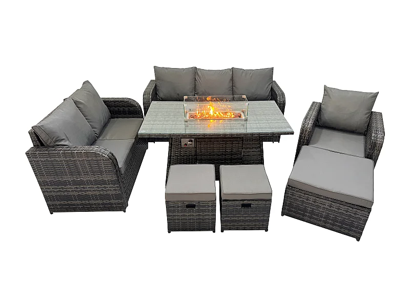 Salon de jardin avec Table de foyer à gaz 9 places Ensemble de canapés en rotin Gris foncé mixte