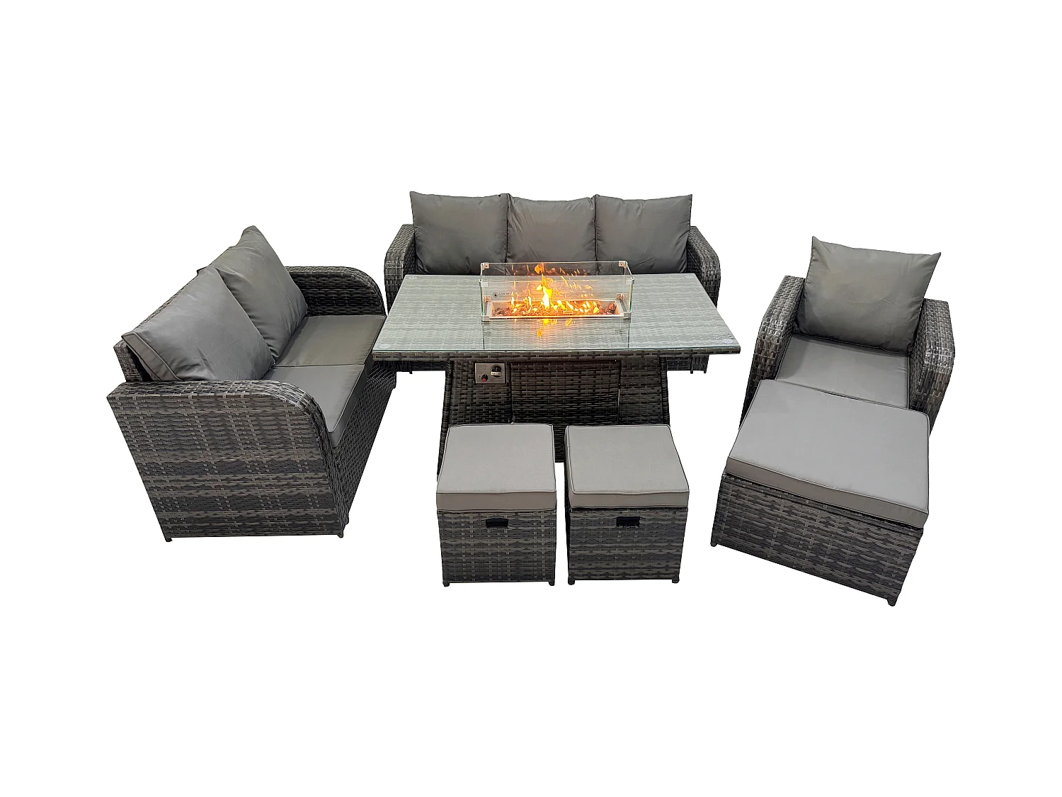 Salon de jardin avec Table de foyer à gaz 9 places Ensemble de canapés en rotin Gris foncé mixte