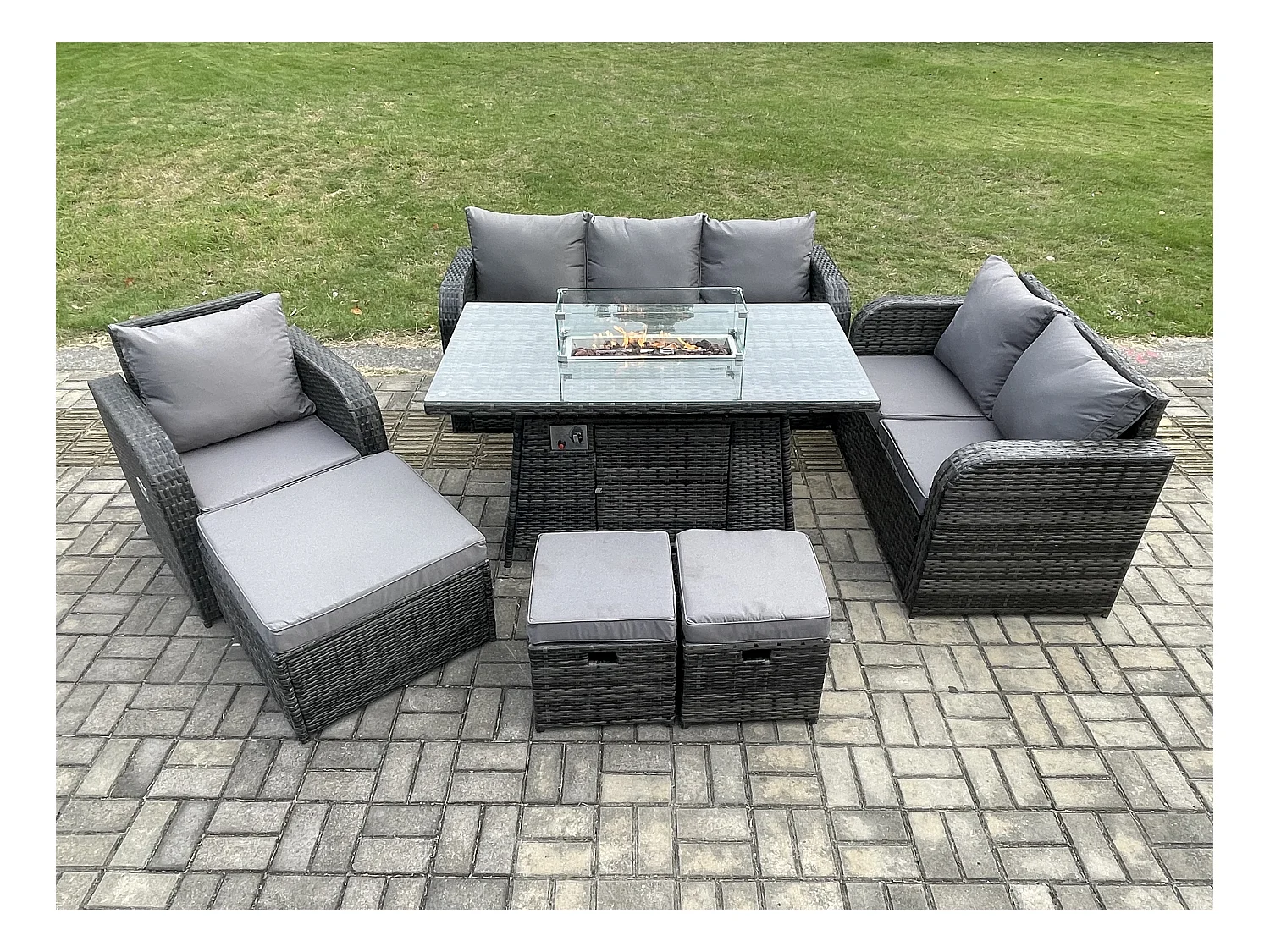 Salon de jardin avec Table de foyer à gaz 9 places Ensemble de canapés en rotin Gris foncé mixte