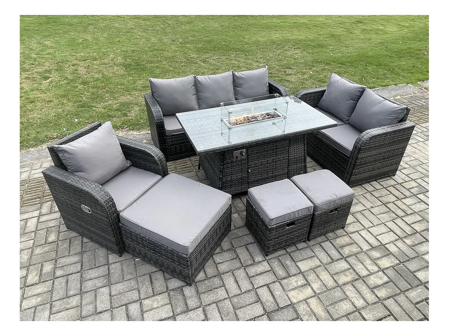Salon de jardin avec Table de foyer à gaz 9 places Ensemble de canapés en rotin Gris foncé mixte