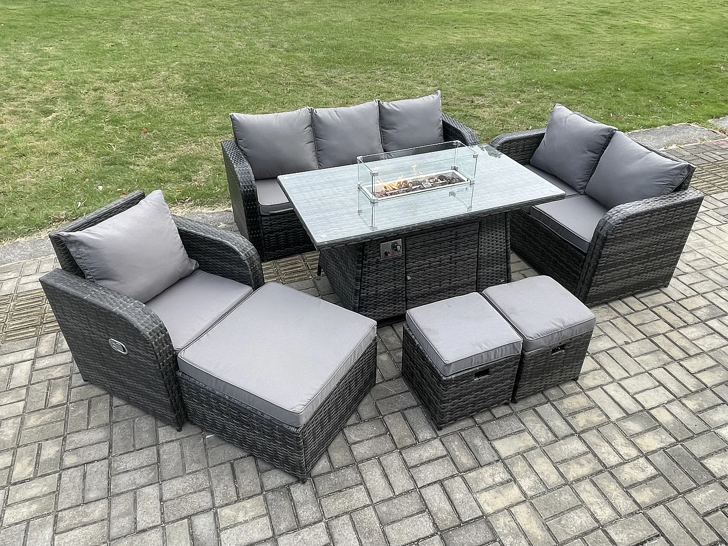 Salon de jardin avec Table de foyer à gaz 9 places Ensemble de canapés en rotin Gris foncé mixte