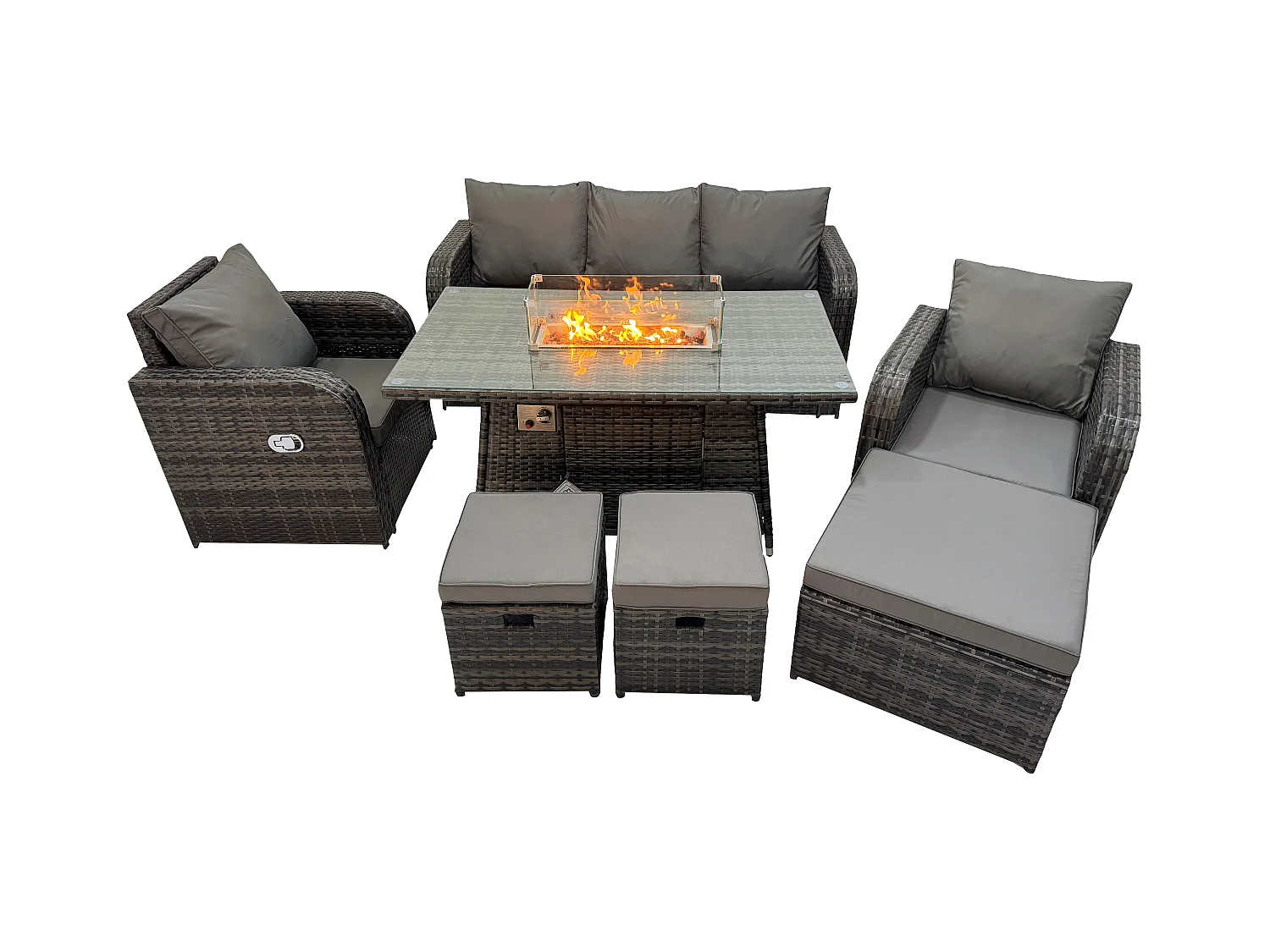 Polyrattan Gartenmöbel set Gas Feuerstelle Esstisch mit Sessel 3 Hockern