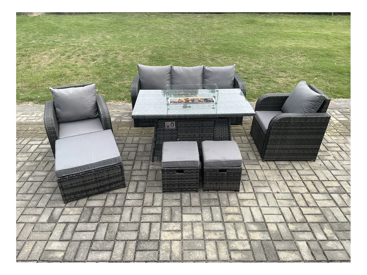 Polyrattan Gartenmöbel set Gas Feuerstelle Esstisch mit Sessel 3 Hockern