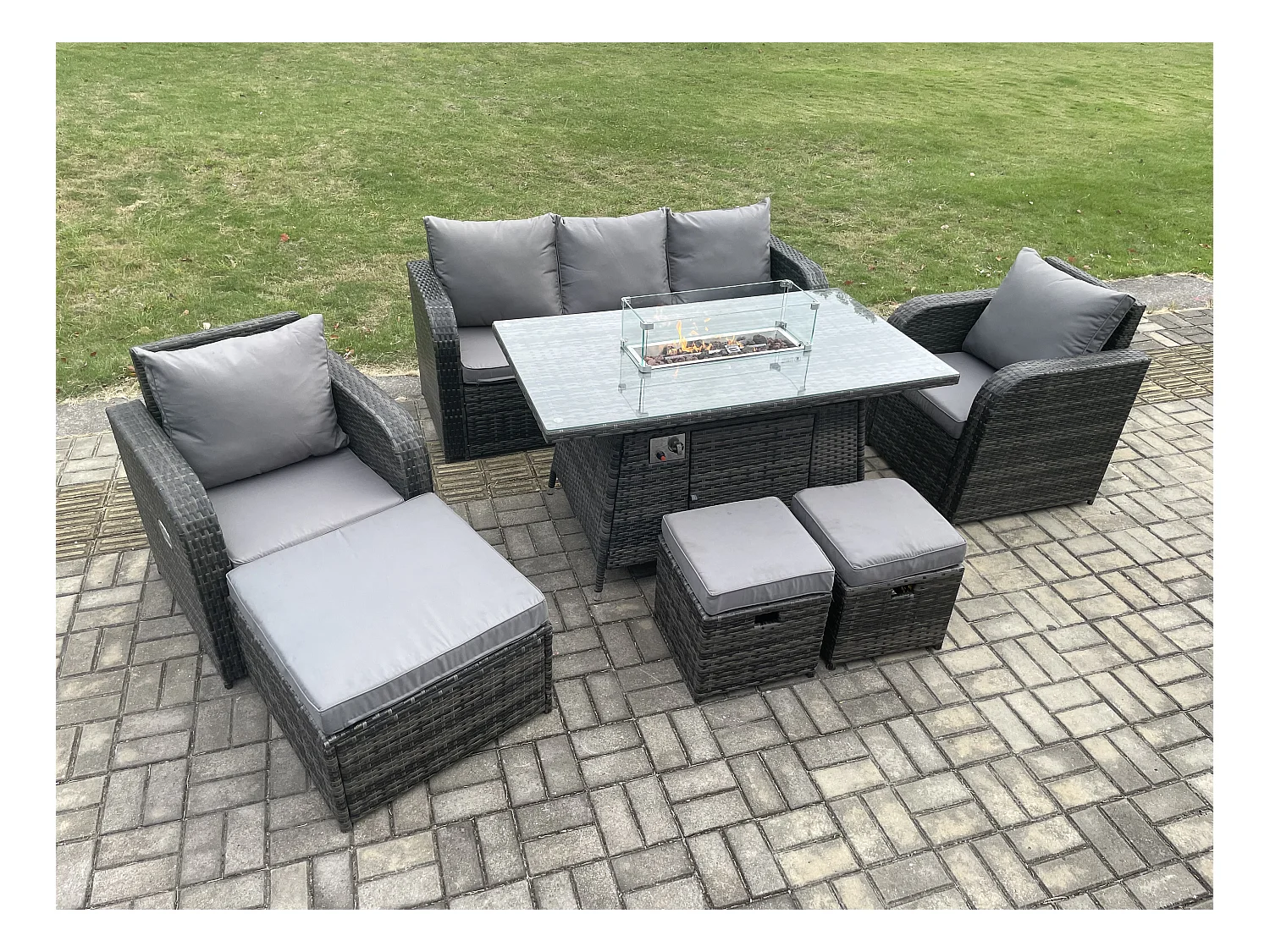 Polyrattan Gartenmöbel set Gas Feuerstelle Esstisch mit Sessel 3 Hockern