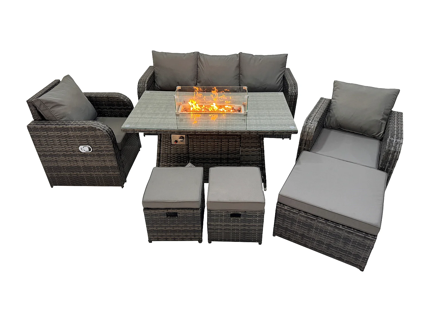 Polyrattan Gartenmöbel set Gas Feuerstelle Esstisch mit Sessel 3 Hockern