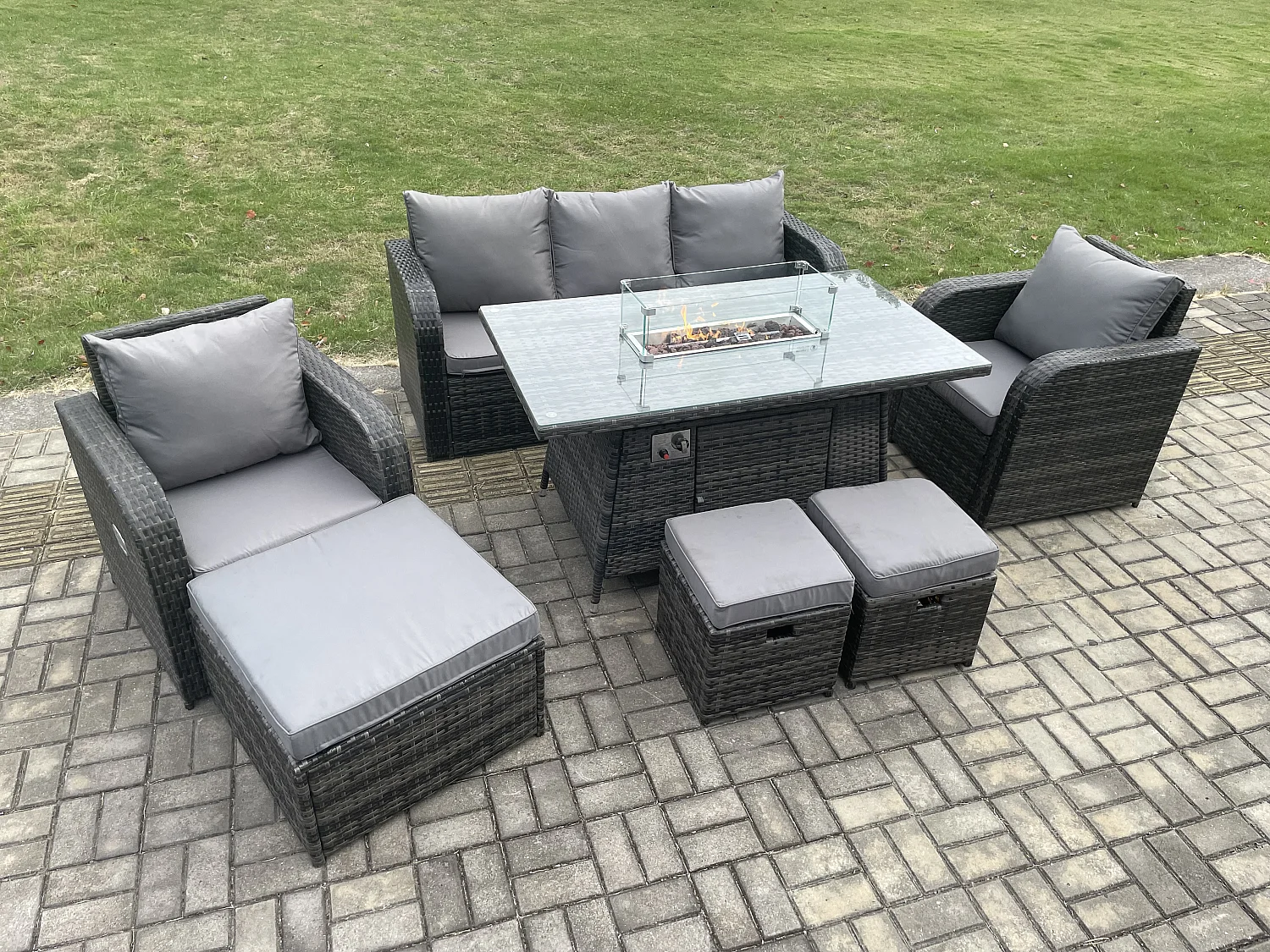 Polyrattan Gartenmöbel set Gas Feuerstelle Esstisch mit Sessel 3 Hockern