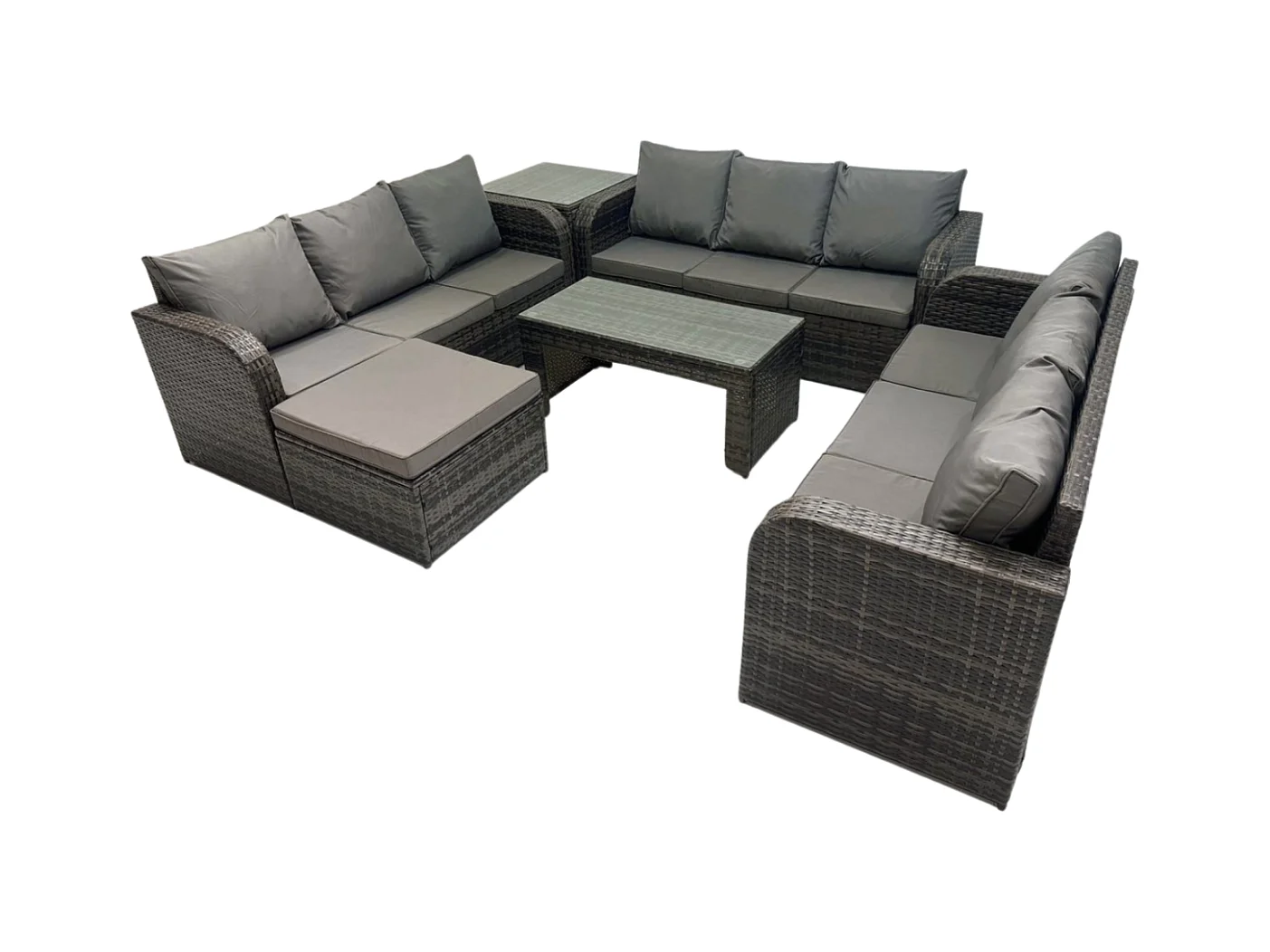 Garten Sofa im Freien Set 10-Sitzer Polyrattan Gartenmöbel Set mit Rechteckiger Couchtisch Beistelltisch 2 Großer Hockern 3-Sitzer Sofa Dunkelgrau Gemischt