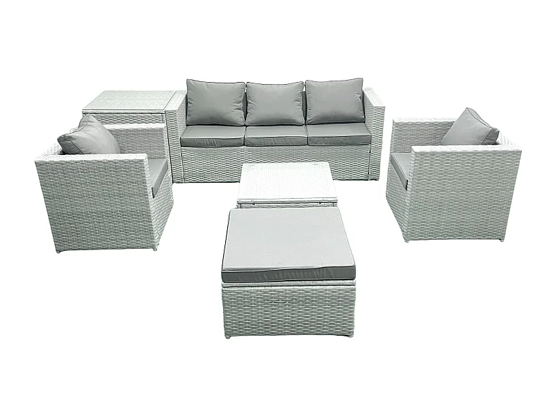 6 places Salon de jardin avec Canapé 3 places 2 Chaise Table basse carrée Grand tabouret Table d'appoint Gris clair mixte