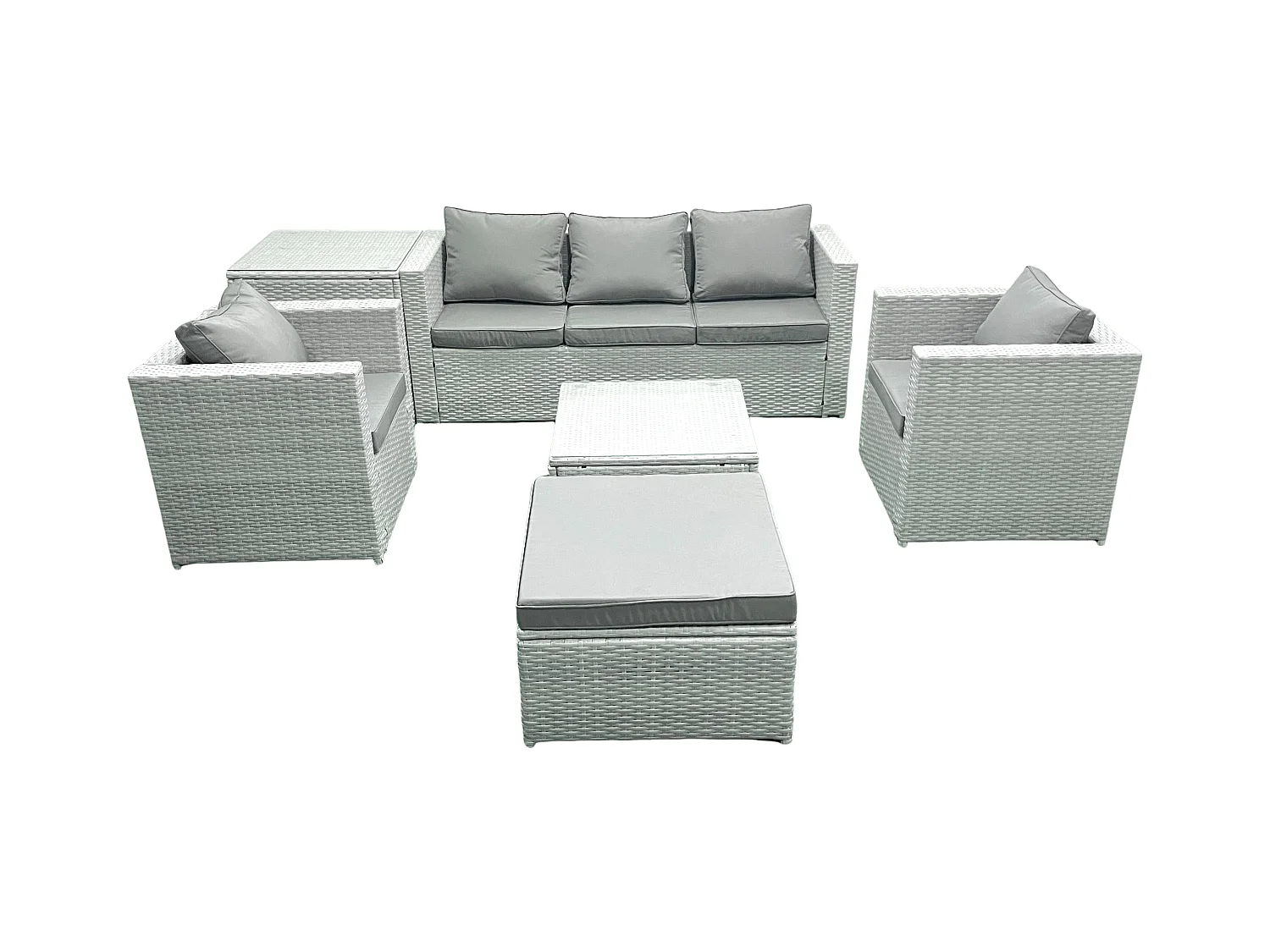 6 places Salon de jardin avec Canapé 3 places 2 Chaise Table basse carrée Grand tabouret Table d'appoint Gris clair mixte