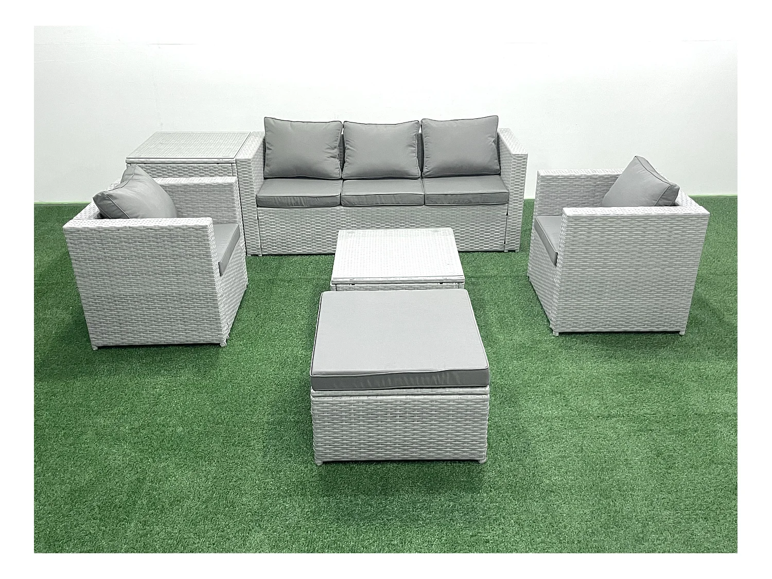 6 places Salon de jardin avec Canapé 3 places 2 Chaise Table basse carrée Grand tabouret Table d'appoint Gris clair mixte