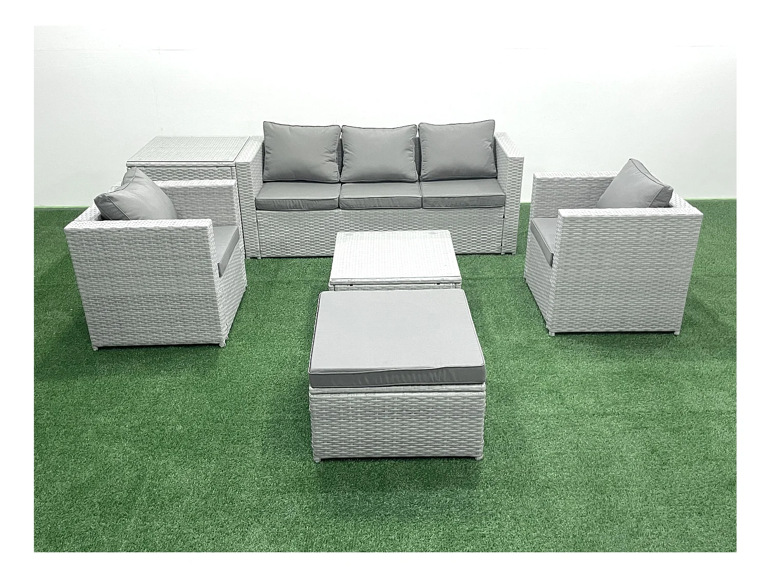 6 places Salon de jardin avec Canapé 3 places 2 Chaise Table basse carrée Grand tabouret Table d'appoint Gris clair mixte