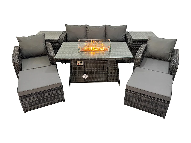 Polyrattan Gartenmöbel set Gas Feuerstelle Esstisch mit 2 Beistelltisch Sessel 2 hohen Hockern