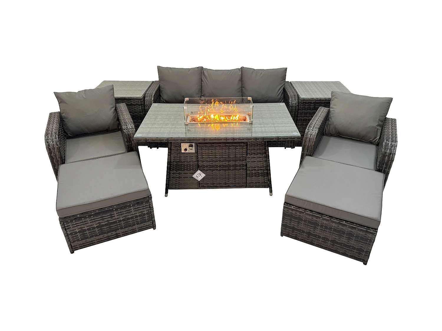 Polyrattan Gartenmöbel set Gas Feuerstelle Esstisch mit 2 Beistelltisch Sessel 2 hohen Hockern