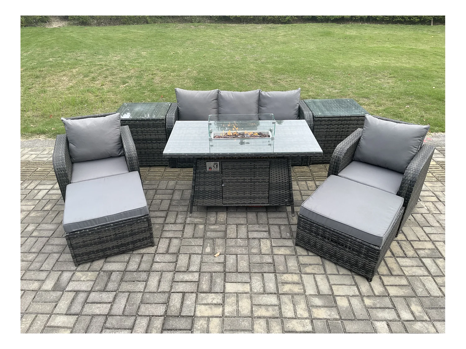 Polyrattan Gartenmöbel set Gas Feuerstelle Esstisch mit 2 Beistelltisch Sessel 2 hohen Hockern