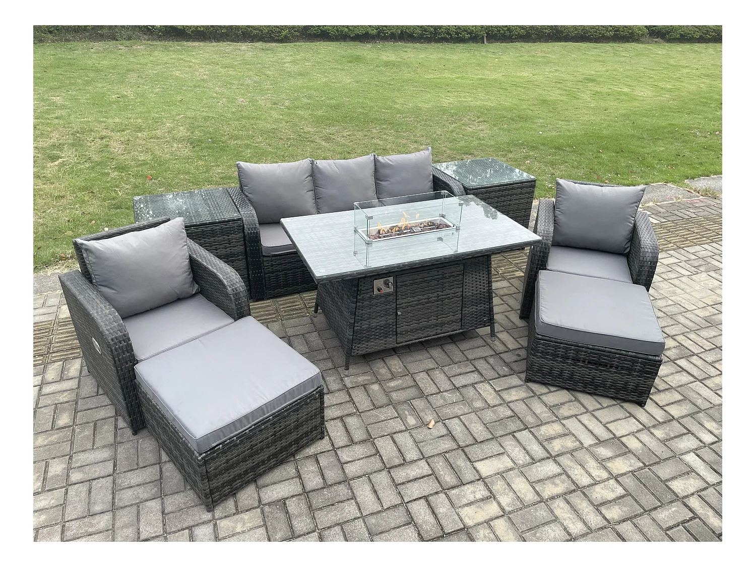 Polyrattan Gartenmöbel set Gas Feuerstelle Esstisch mit 2 Beistelltisch Sessel 2 hohen Hockern