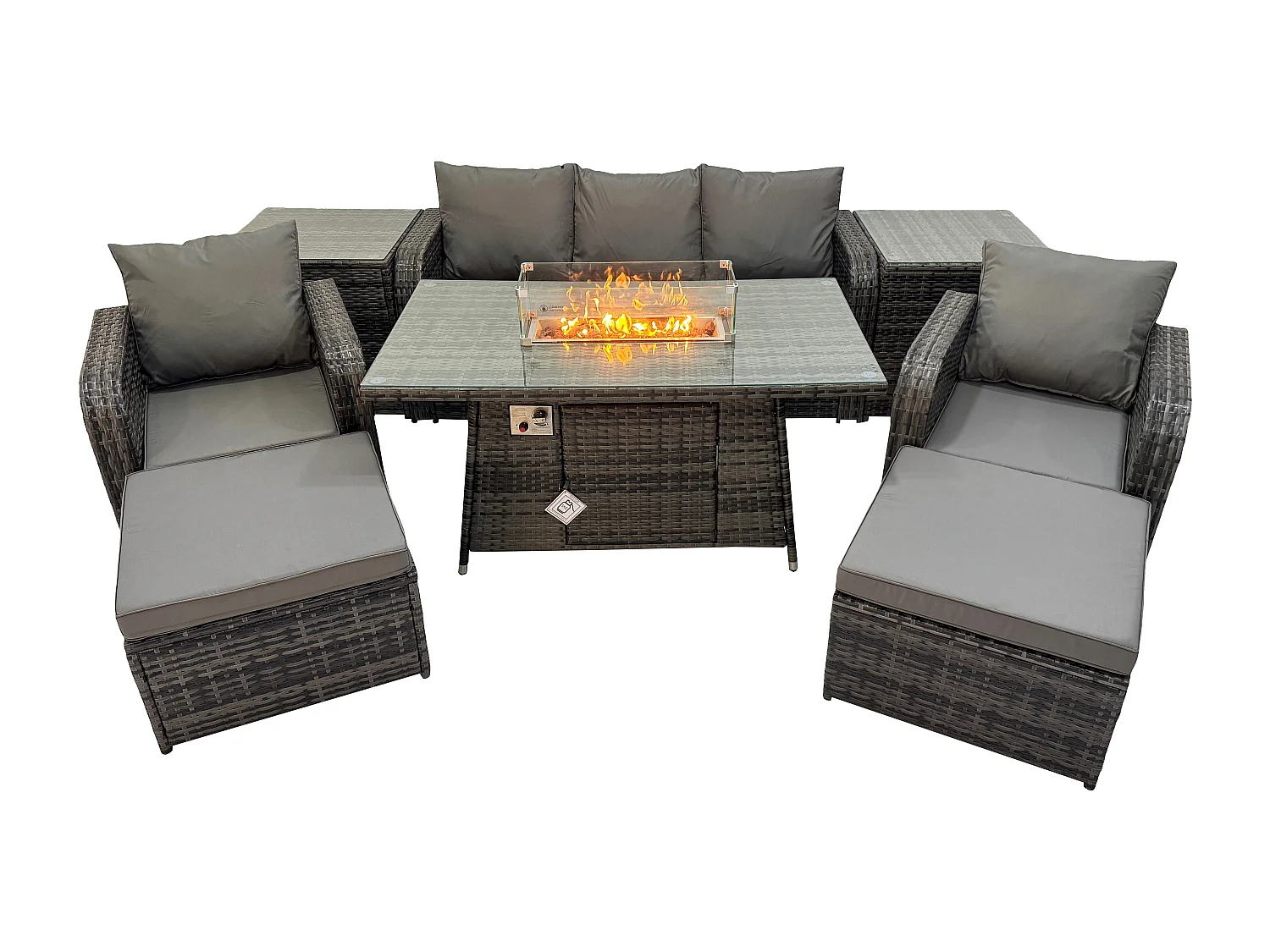 Polyrattan Gartenmöbel set Gas Feuerstelle Esstisch mit 2 Beistelltisch Sessel 2 hohen Hockern