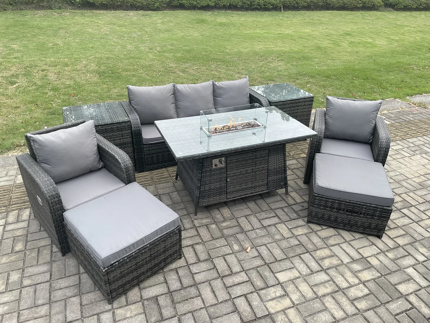 Polyrattan Gartenmöbel set Gas Feuerstelle Esstisch mit 2 Beistelltisch Sessel 2 hohen Hockern