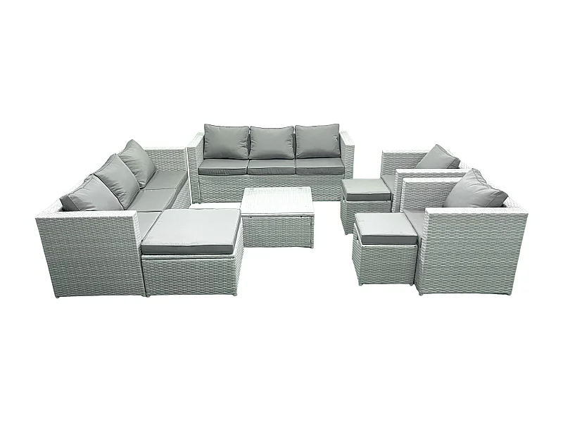 Salon de Jardin en rotin avec 2 Fauteuil Table basse carrée 3 Tabourets Gris clair mixte