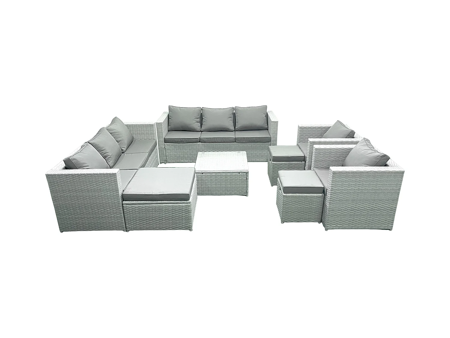 Rattan Sofa Gartenmöbel Set mit 2 Sesseln Quadratischer Couchtisch 3 Hockern Hellgrau gemischt