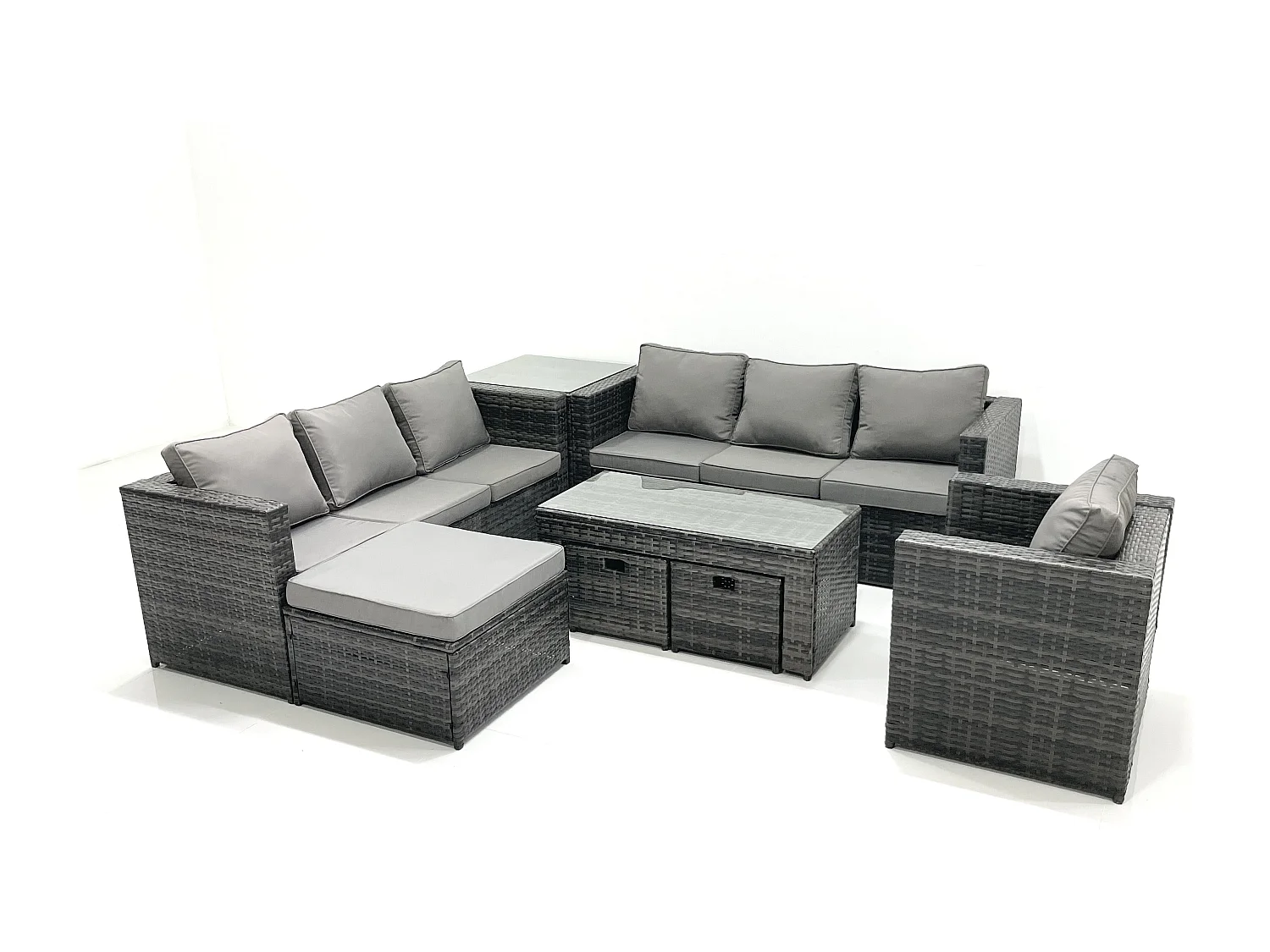 Ensemble de meubles de jardin en polyrotin 10 places avec Canapé Table basse 3 Tabourets Fauteuil Table d'appoint Gris foncé mixte