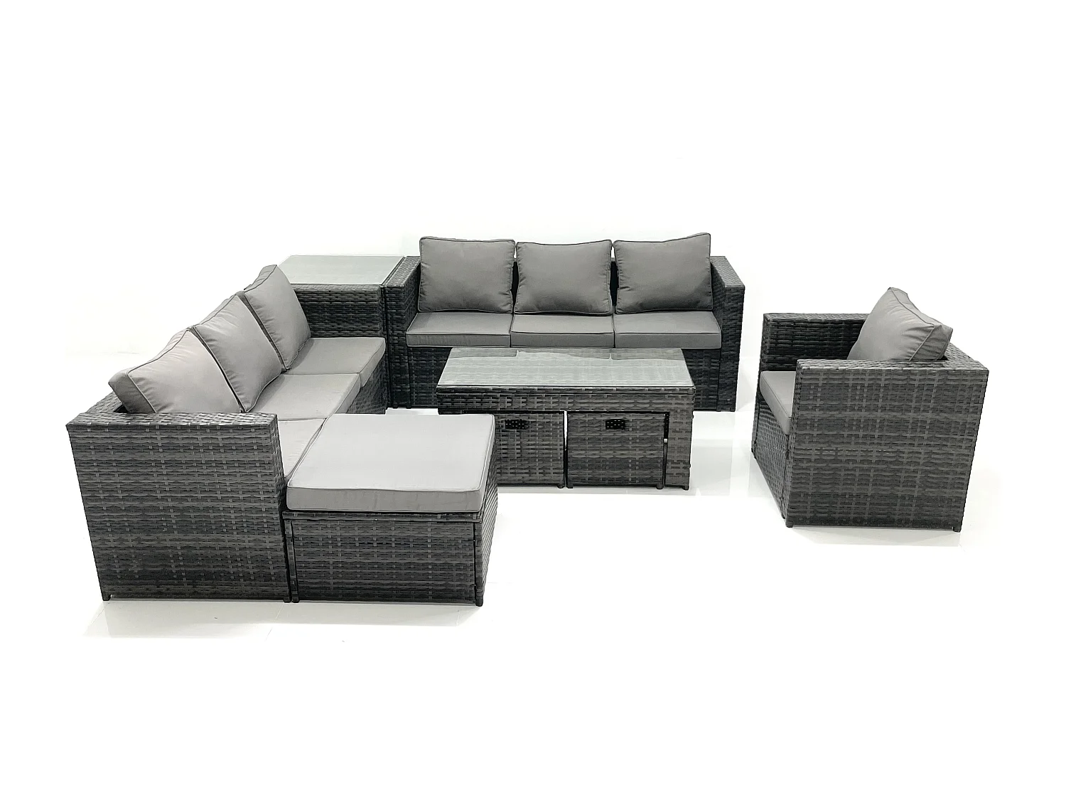 Ensemble de meubles de jardin en polyrotin 10 places avec Canapé Table basse 3 Tabourets Fauteuil Table d'appoint Gris foncé mixte