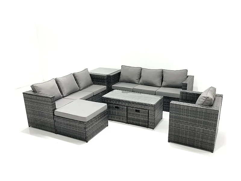 Ensemble de meubles de jardin en polyrotin 10 places avec Canapé Table basse 3 Tabourets Fauteuil Table d'appoint Gris foncé mixte