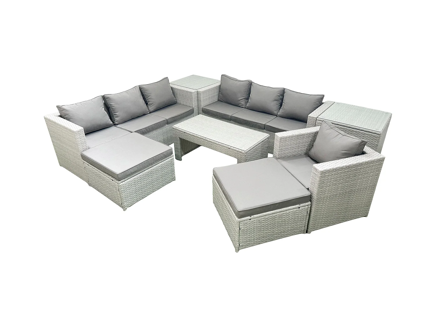 Meubles d'extérieur en rotin avec Table basse oblongue Fauteuil 2 Grand tabourets 2 Tables d'appoint Gris clair mixte
