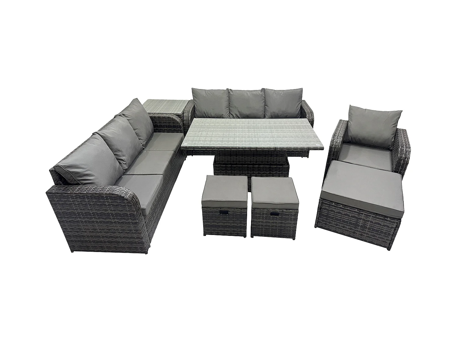Polyrattan Gartenmöbel-Sets höhenverstellbarer Tisch Sofa Set mit Beistelltisch Liegestühle 3 Hockern Dunkelgrau Gemischt