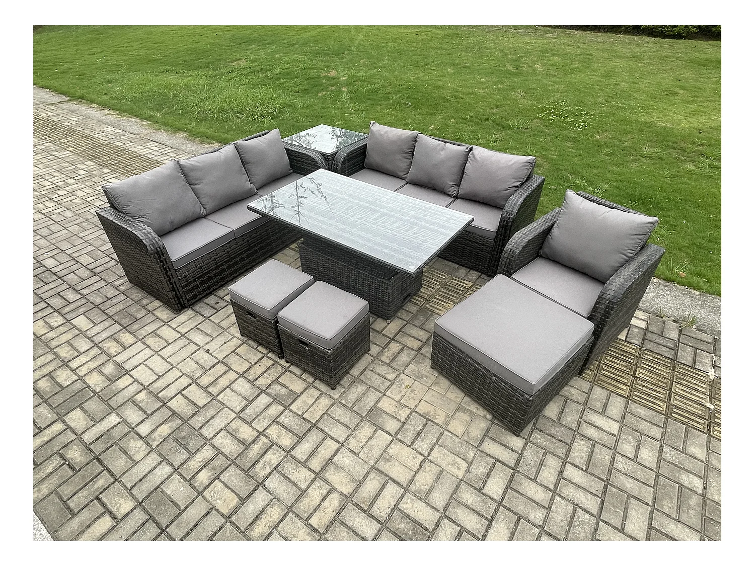Polyrattan Gartenmöbel-Sets höhenverstellbarer Tisch Sofa Set mit Beistelltisch Liegestühle 3 Hockern Dunkelgrau Gemischt