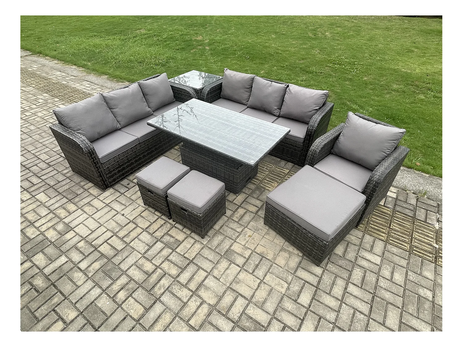 Polyrattan Gartenmöbel-Sets höhenverstellbarer Tisch Sofa Set mit Beistelltisch Liegestühle 3 Hockern Dunkelgrau Gemischt