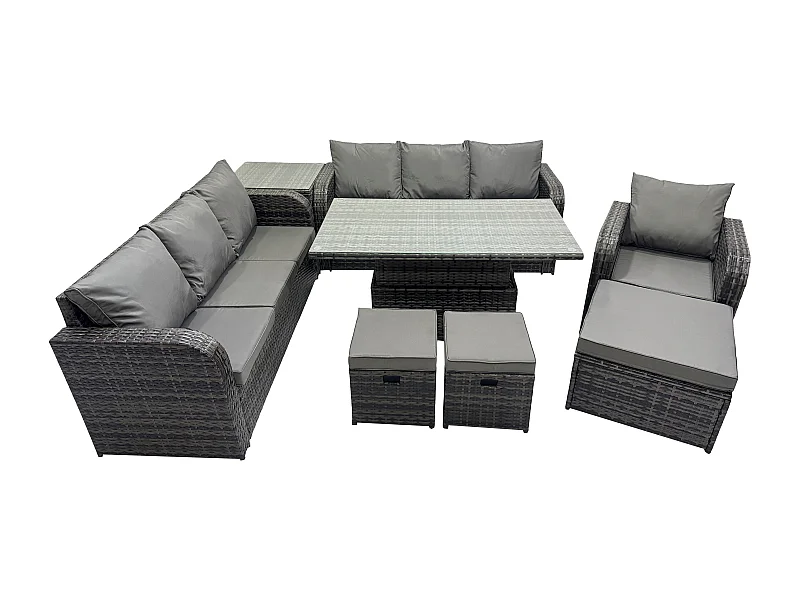 Polyrattan Gartenmöbel-Sets höhenverstellbarer Tisch Sofa Set mit Beistelltisch Liegestühle 3 Hockern Dunkelgrau Gemischt